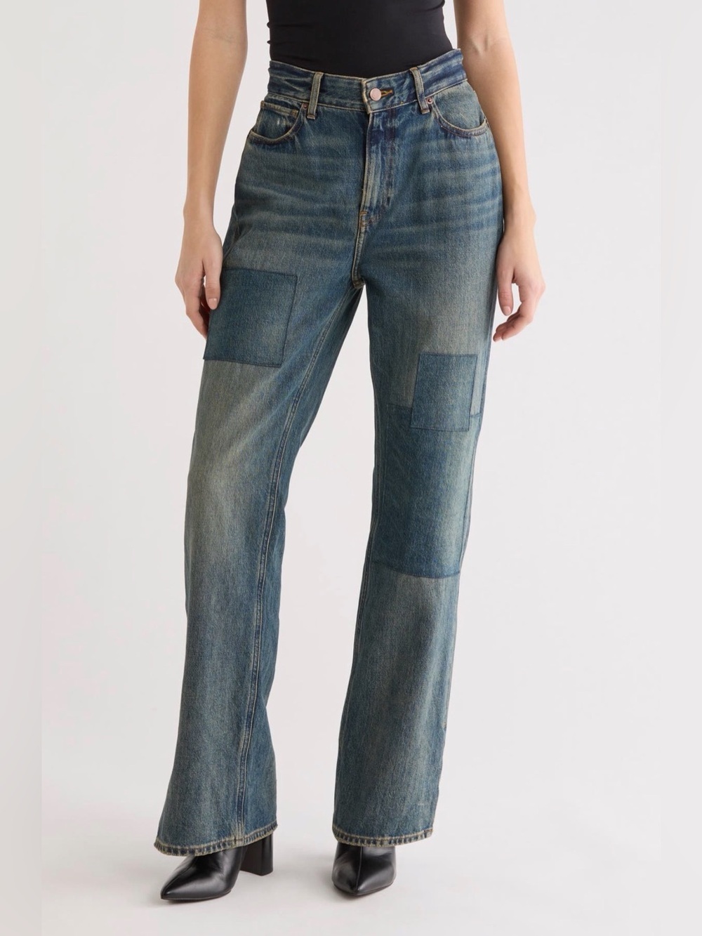 Good American Khloe Jean Blue Patchwork Straight Jeans